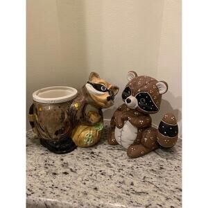 Vintage Ceramic Racoon Planter Robber Money Bag Bandit Thief & Lady Coon Figure